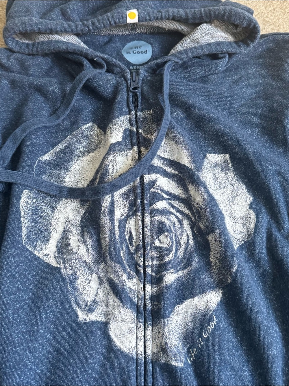 Life Is Good Hoodie Women’s Blue Full Zip Rose Graphic Terry Cotton Floral - Picture 2 of 11